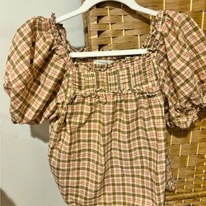 Doen plaid puff sleeve top with smocking and ruffle detail